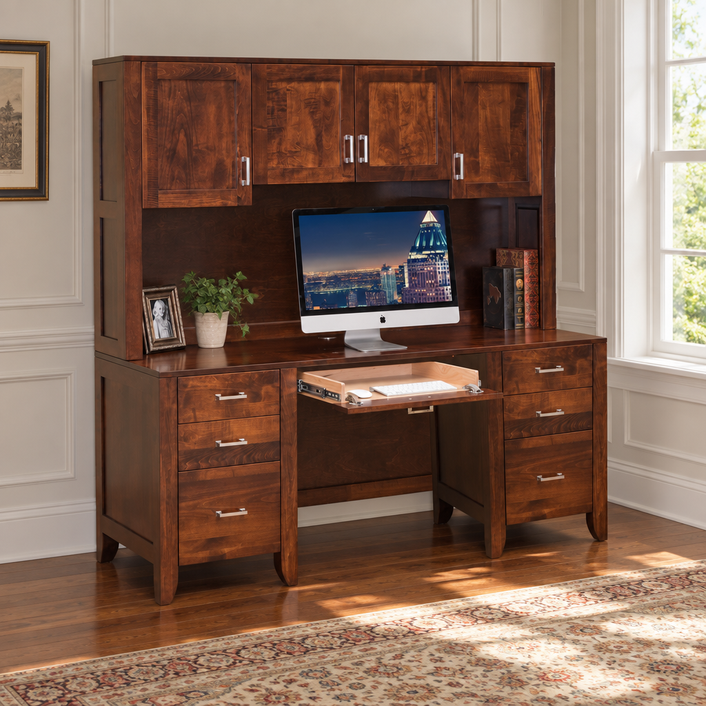 Amish Computer Desk with Hutch shown in the home office of a traditional colonial home