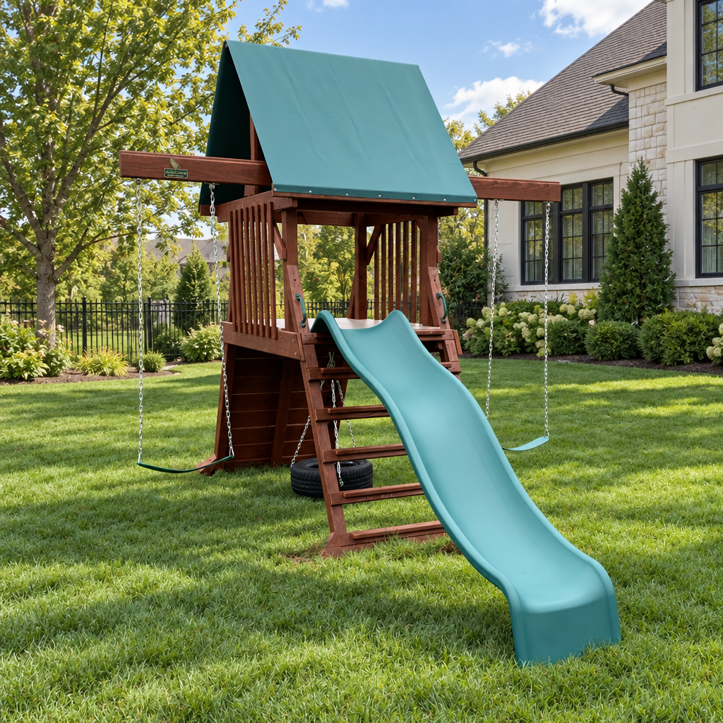 Amish Summit Outdoor Play Wood Swing Set Kit - Quick Ship shown in the large suburban backyard lawn of a transitional home