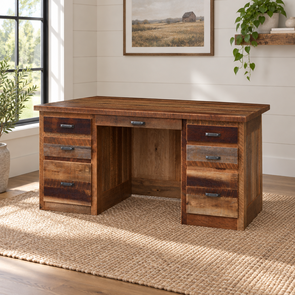 Amish Reclaimed Wood Kneehole Desk shown in the home office of a modern farmhouse home