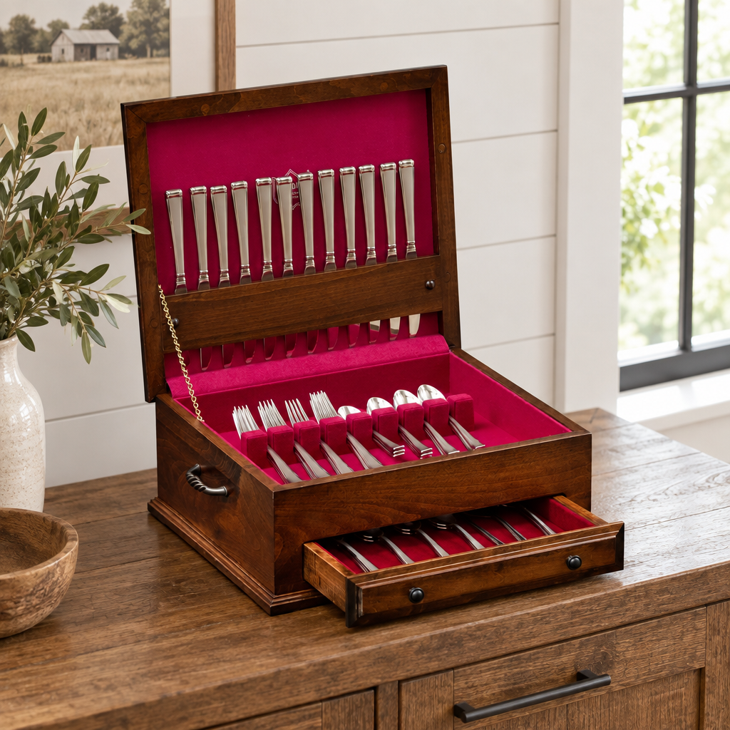 Amish Solid Wood Silverware Chest shown in the dining room of a modern farmhouse home