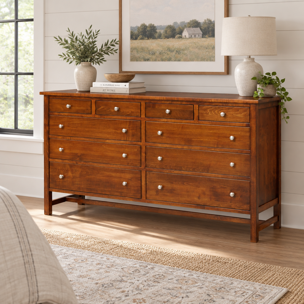 Amish Logan Square 10 Drawer Triple Dresser shown in the bedroom of a modern farmhouse home