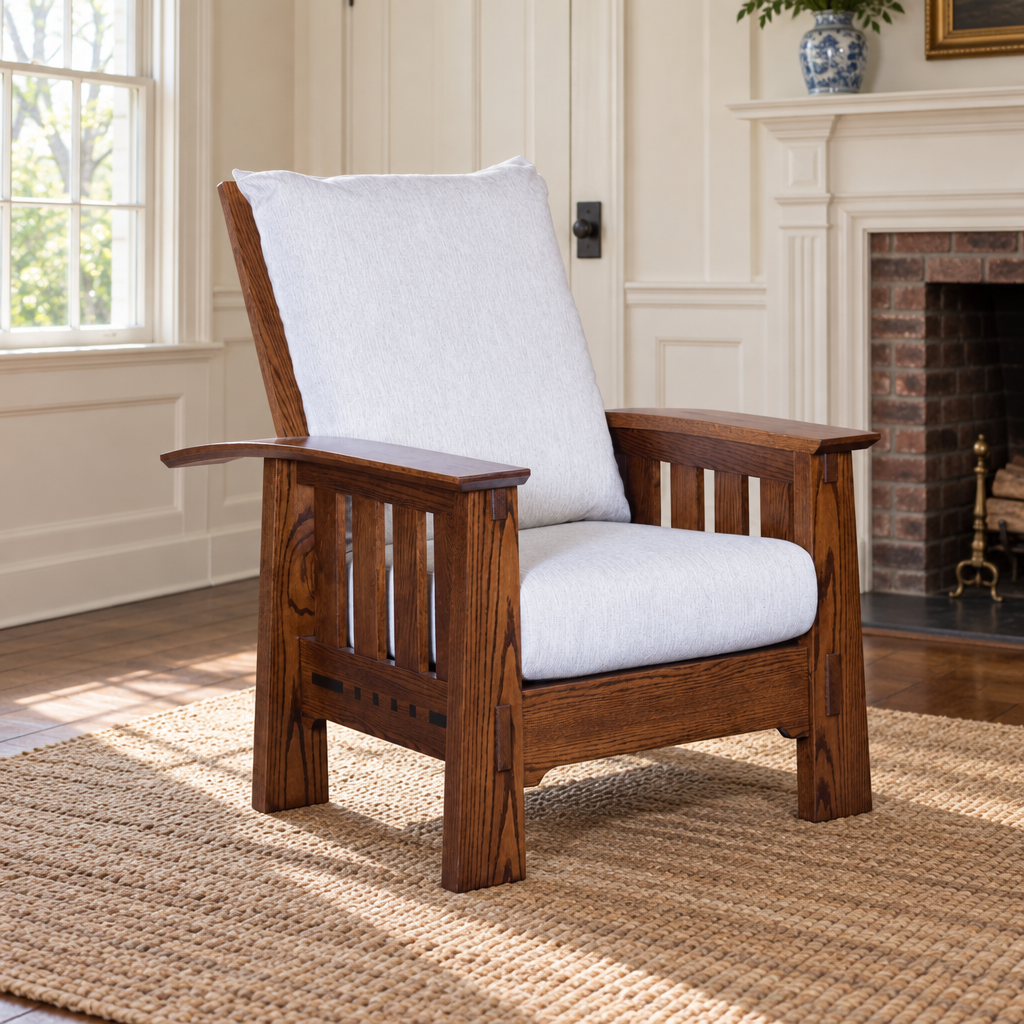 Amish Solid Wood Van Nuys Morris Chair shown in the living room of a traditional colonial home