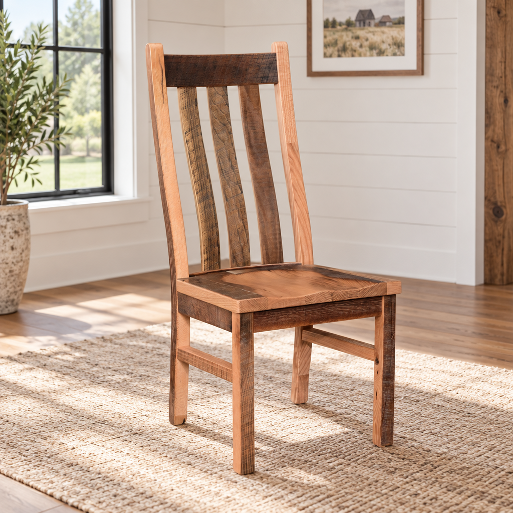 Amish Ozark Reclaimed Wood Dining Chair shown in the dining room of a modern farmhouse home