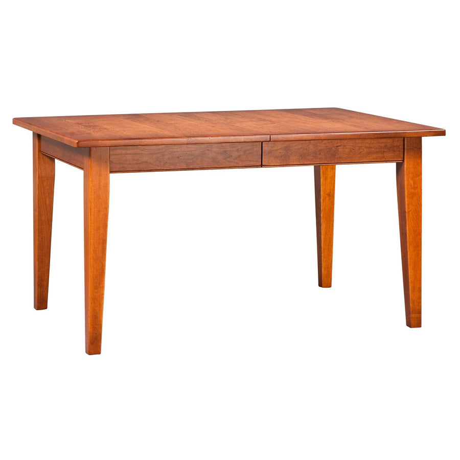 Cherry rectangular extension dining table with plain tapered legs and a center leaf seam on white