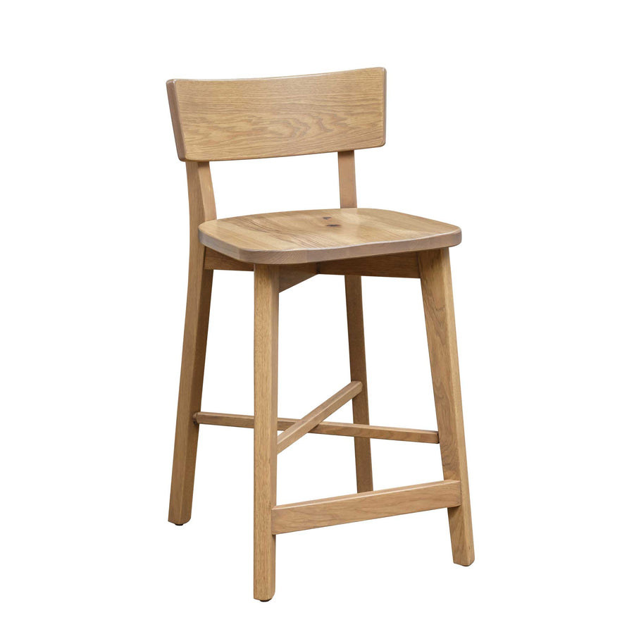 White oak bar stool with a shaped back rest, scooped seat, splayed legs and angled side stretchers