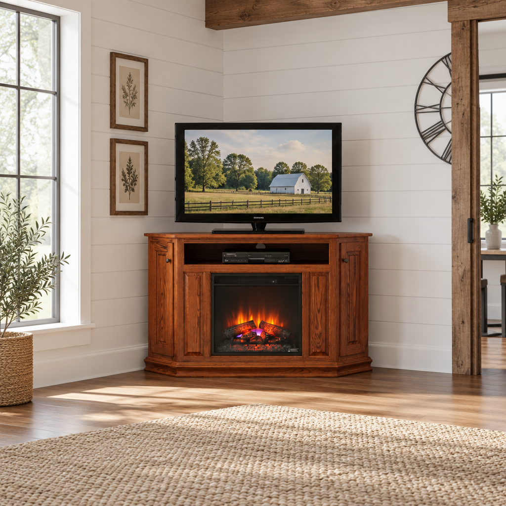 Amish 60" Corner TV Stand with 23" Electric Fireplace shown in the living room of a modern farmhouse home