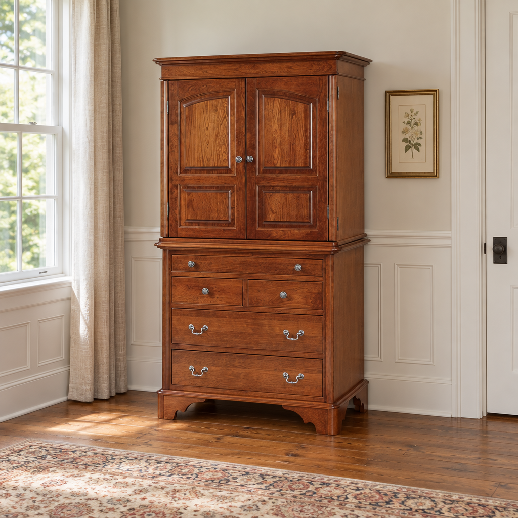 Amish Wellington Armoire shown in the bedroom of a traditional colonial home