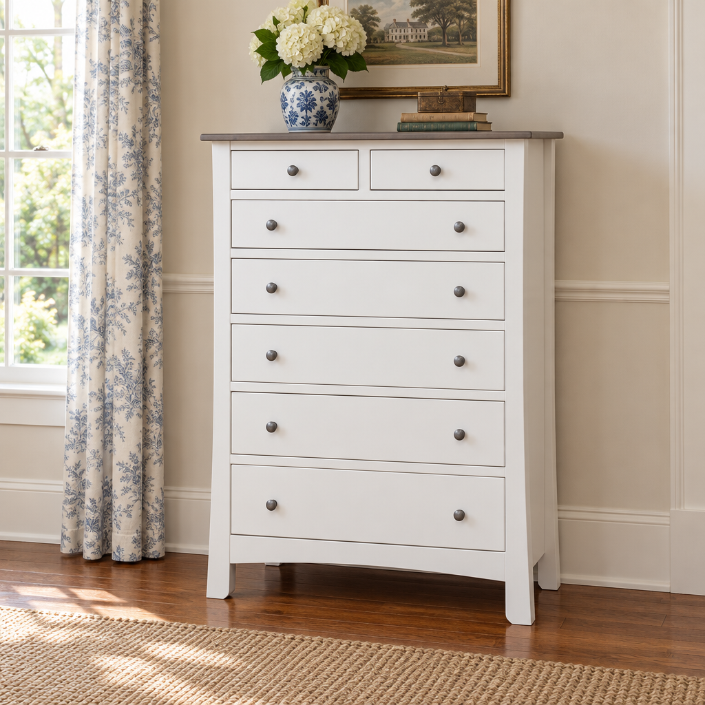 Amish New Transitions Chest of Drawers shown in the bedroom of a traditional colonial home