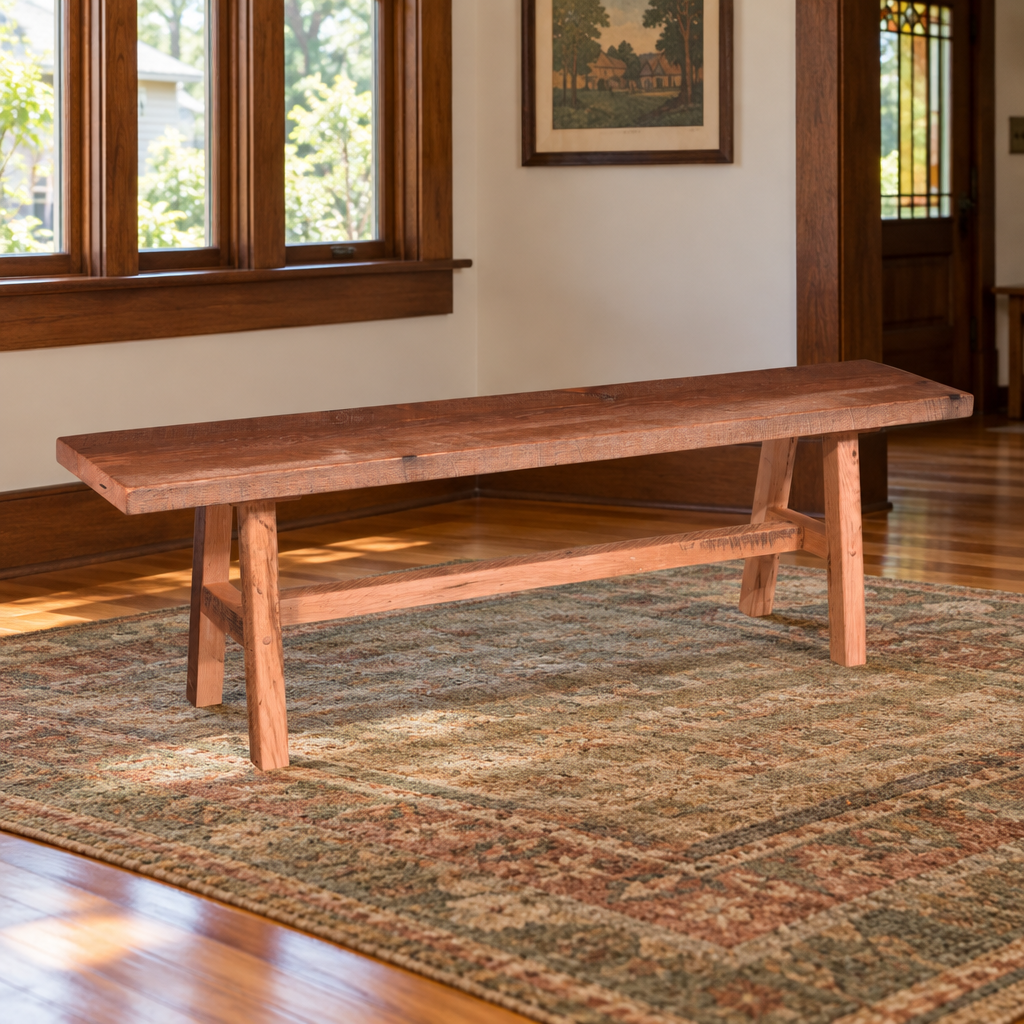 Amish Orchard Park Reclaimed Wood Bench shown in the living room of a craftsman bungalow home