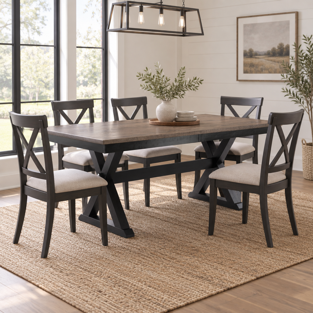 Amish Chatham X Base Expandable Trestle Table (with leaves) shown in the dining room of a modern farmhouse home