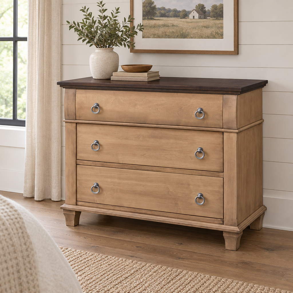 Amish Avignon Single Dresser shown in the bedroom of a modern farmhouse home