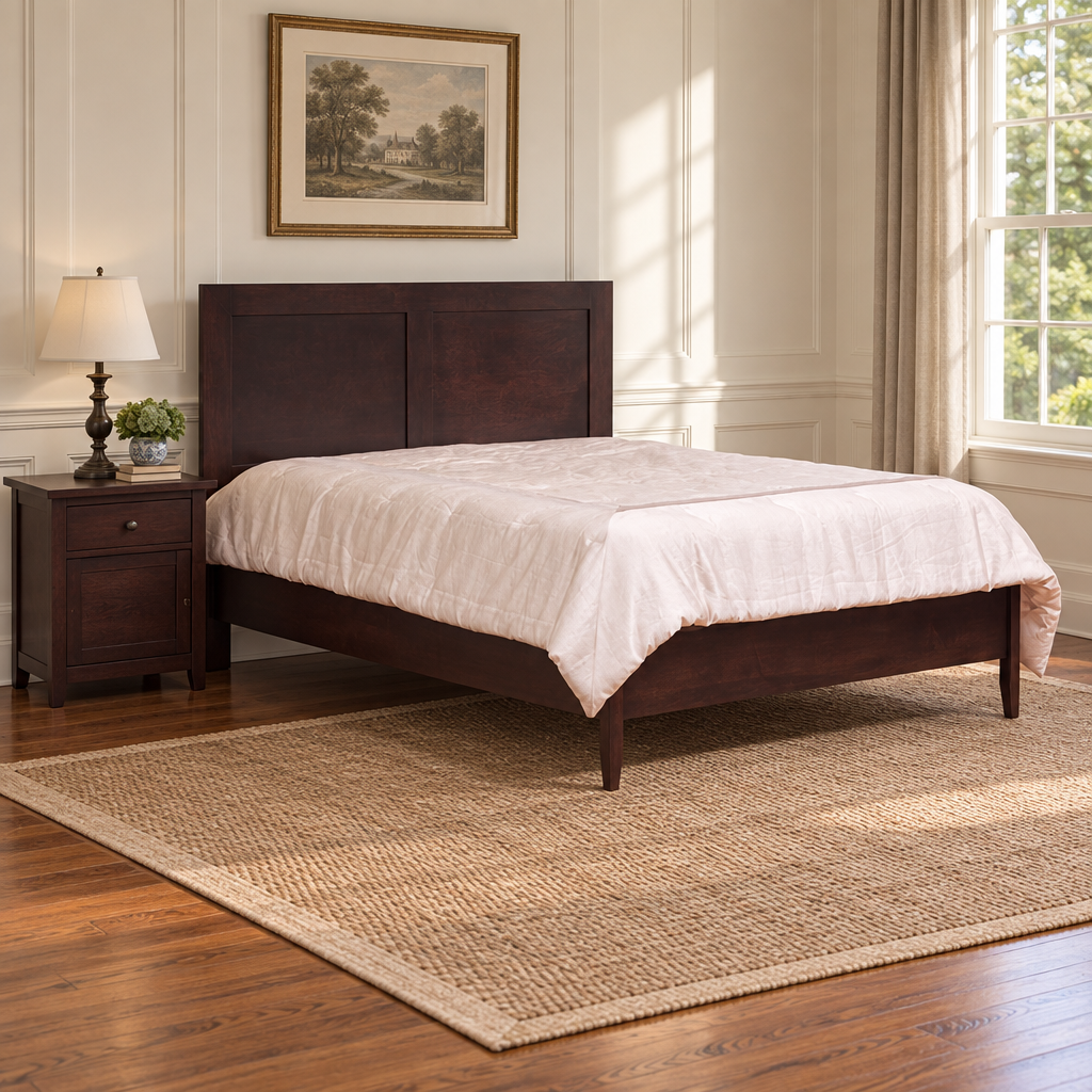 Amish Solid Wood Northampton Panel Bed shown in the bedroom of a traditional colonial home