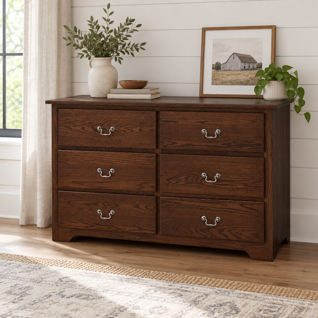 Amish Shaker 6-Drawer Dresser shown in the bedroom of a modern farmhouse home