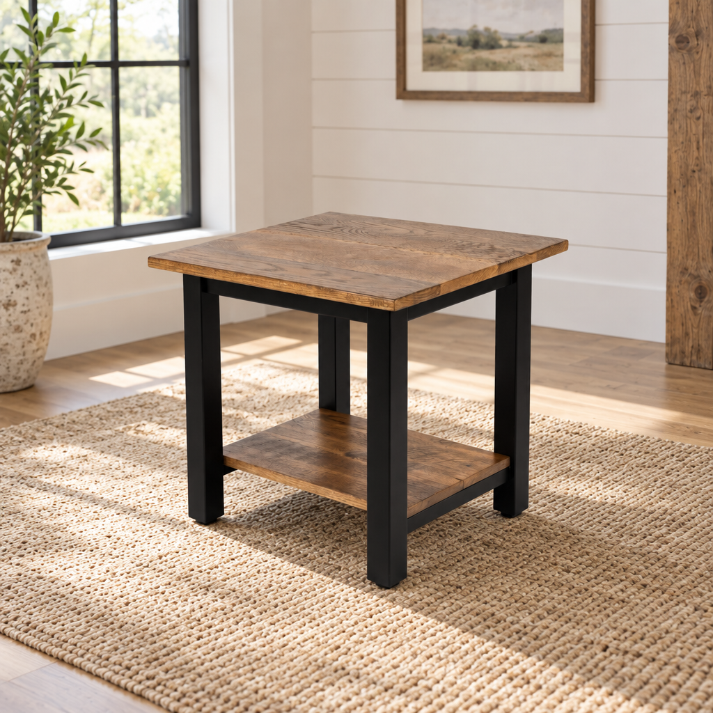 Amish Timber Reclaimed Wood End Table shown in the living room of a modern farmhouse home