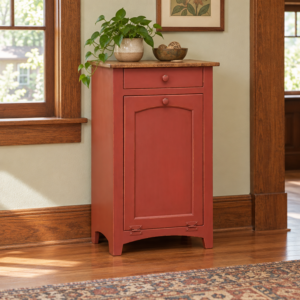 Amish Single Trash/Recycling Cabinet shown in the living room of a craftsman bungalow home
