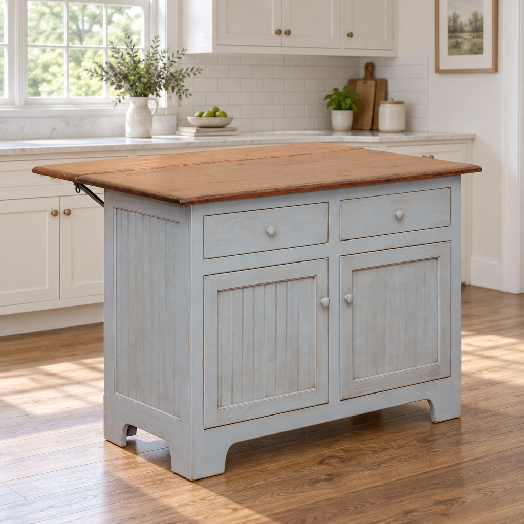 Amish Shaker Kitchen Island with Drop leaf shown in the kitchen of a transitional home