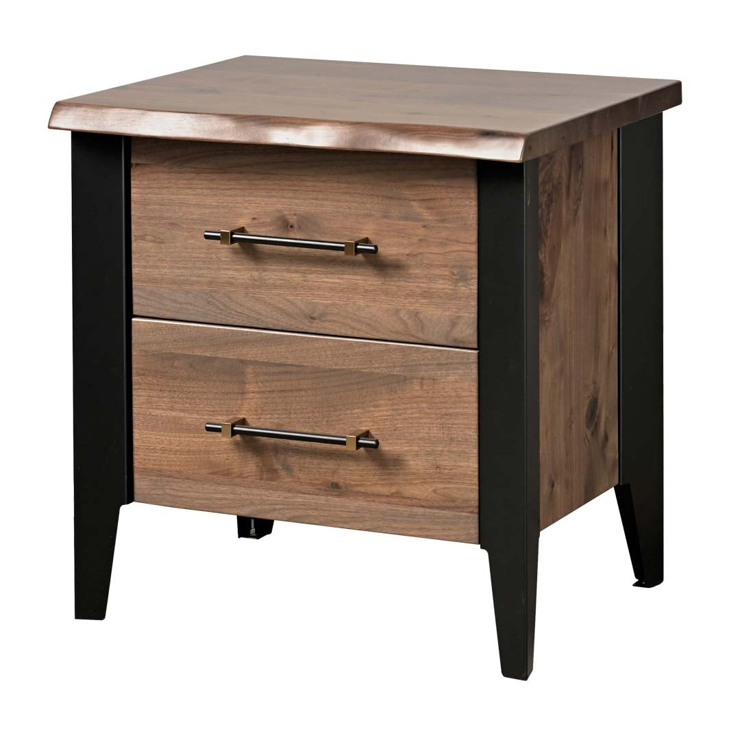 Wooden nightstand with two drawers and black legs on a white background