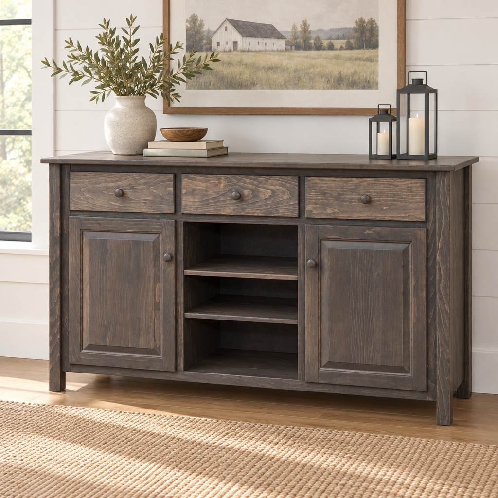Amish FR Sideboard Dining Buffet shown in the dining room of a modern farmhouse home