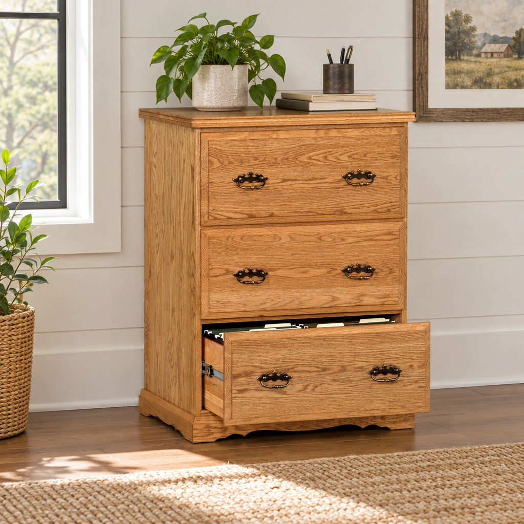 Amish Heritage Lateral 3-Drawer File Cabinet shown in the home office of a modern farmhouse home
