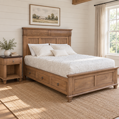 Amish Avignon Platform Drawer Captain Storage Bed shown in the bedroom of a modern farmhouse home
