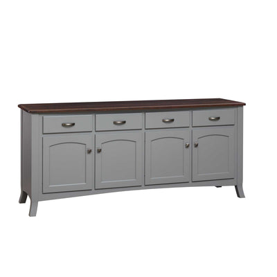 Gray painted four-door buffet with a walnut brown top, four drawers, arched panel doors and flared legs