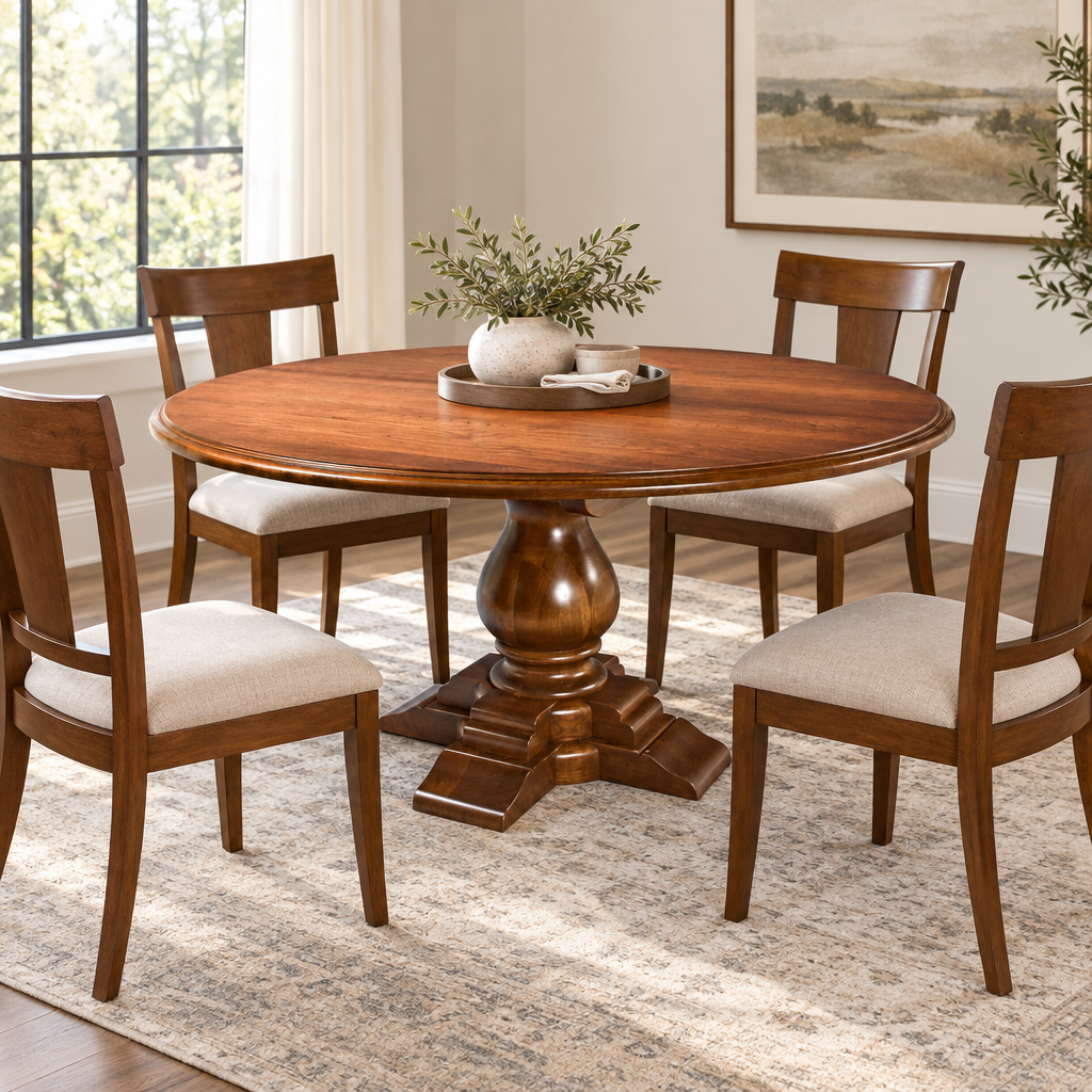 Amish Vaz Grande Round Expandable Pedestal Table shown in the dining room of a transitional home