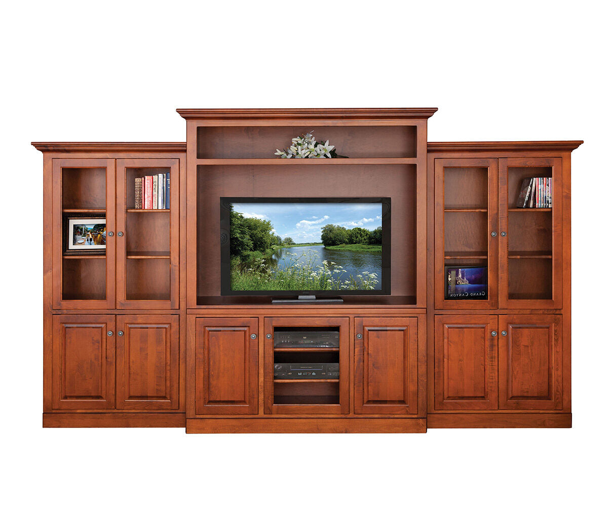 Wooden entertainment center with a television displaying a nature scene on a white background