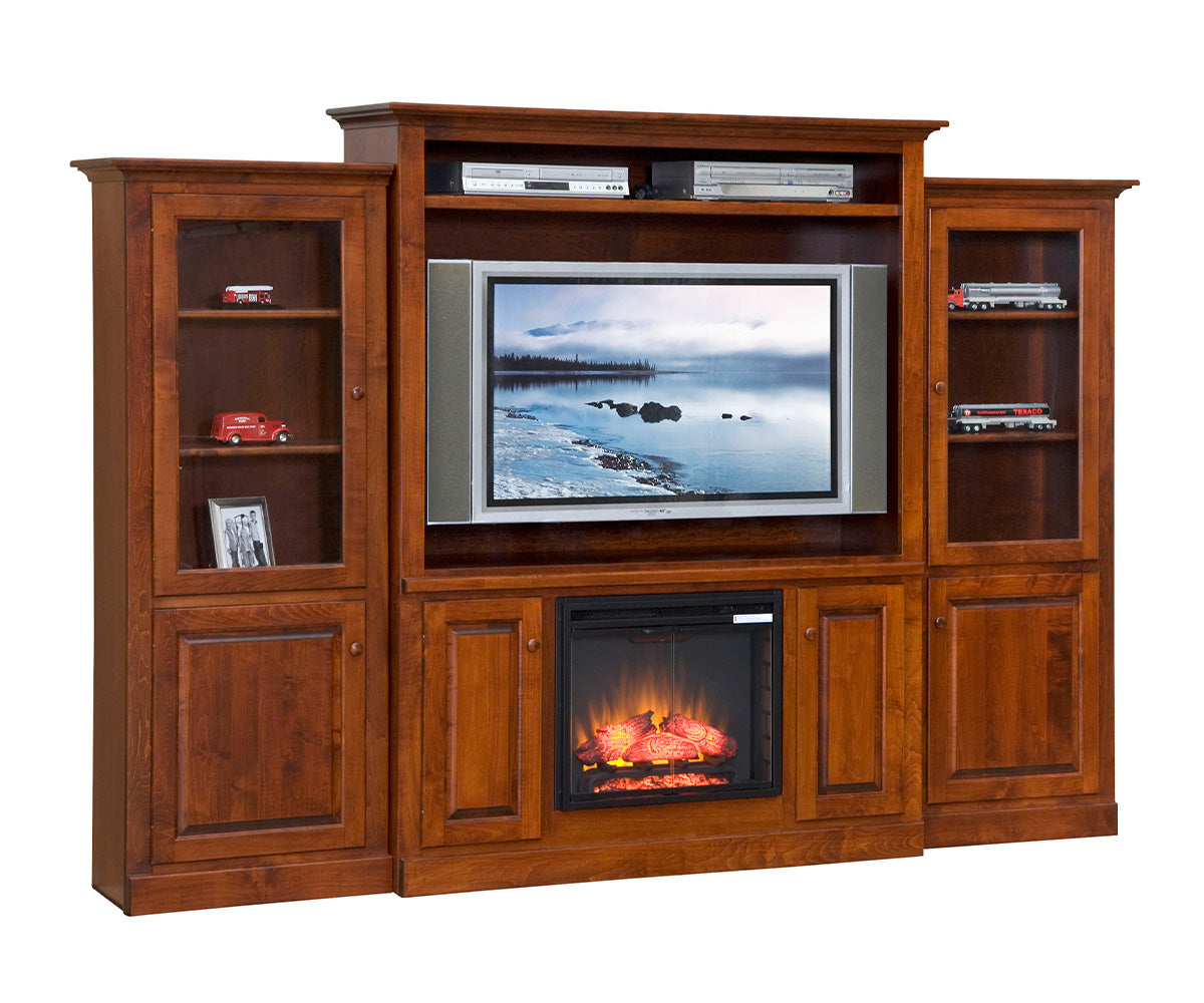 Wooden entertainment center with TV and fireplace insert on a white background