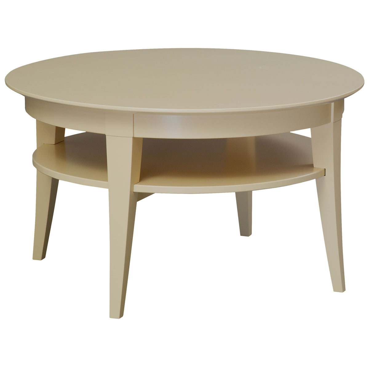 Round beige coffee table with a shelf on a white background