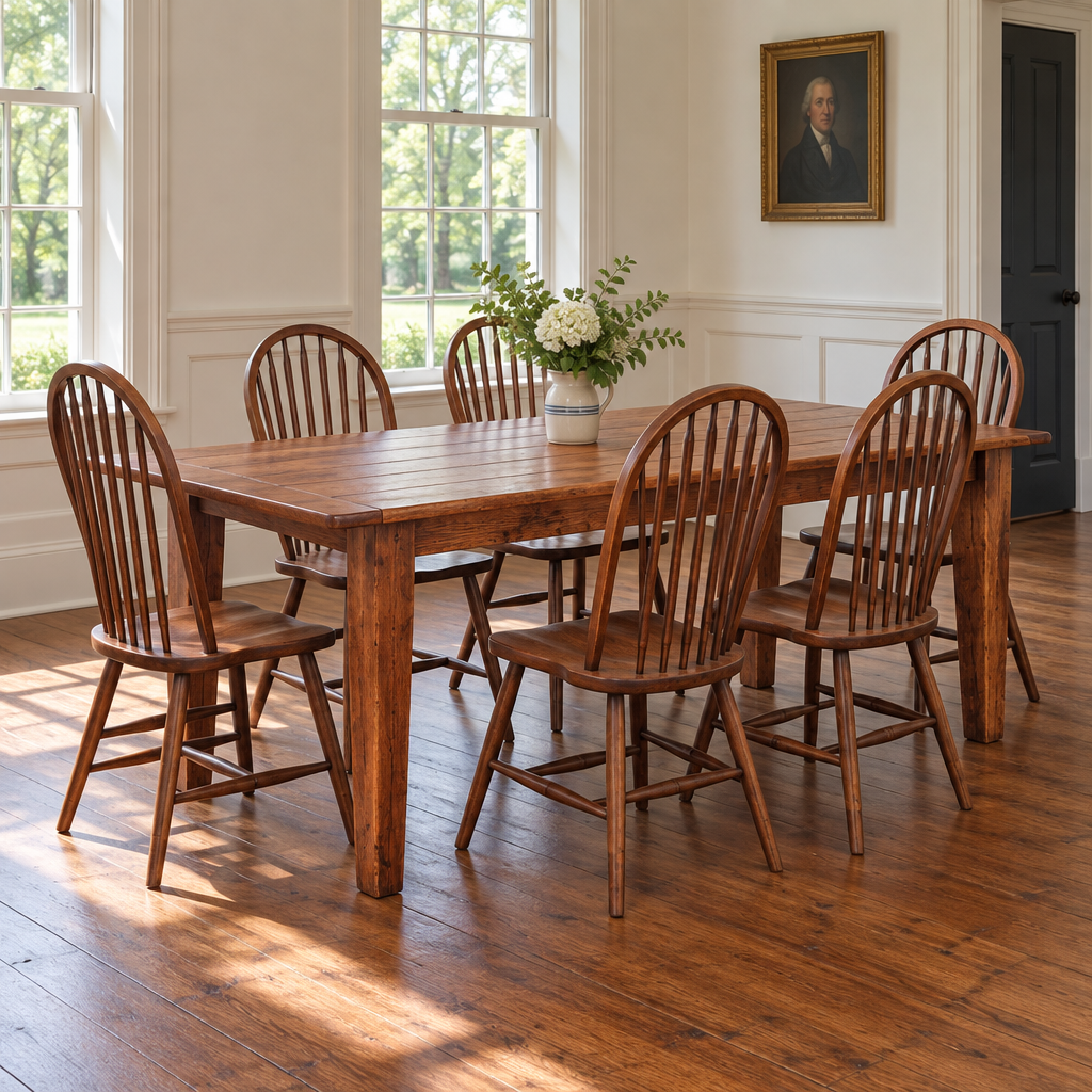 Amish Creswell Plank Top Dining Farm Table shown in the dining room of a traditional colonial home