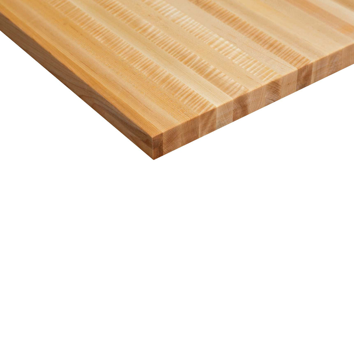 Corner sample of the 36" x 78" kitchen island top: laminated pale hard maple butcher block surface with a thick square edge