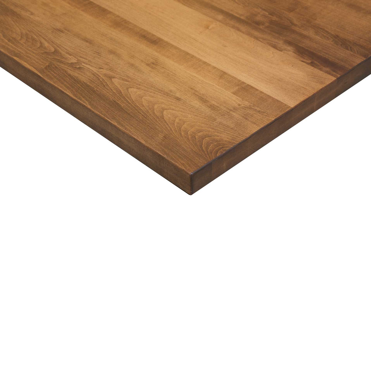 Edge and corner view of the 30" x 66" Plank w/ 2" Thick Edge kitchen island top: warm honey toned plank surface with a clean square edge