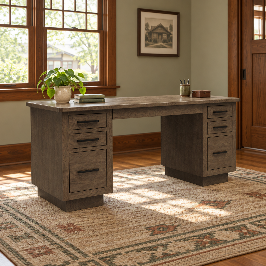 Amish Hillsborough Executive Reclaimed Wood Desk 7 Drawer shown in the home office of a craftsman bungalow home