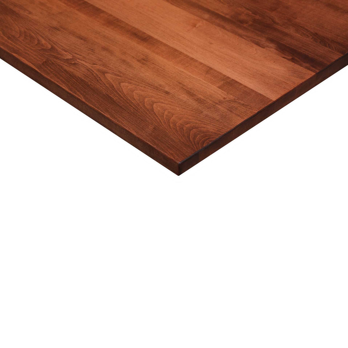 Close-up corner of the 36" x 60" 1-1/4" Thick Plank kitchen island top: smooth cherry stained wood surface with a straight square edge