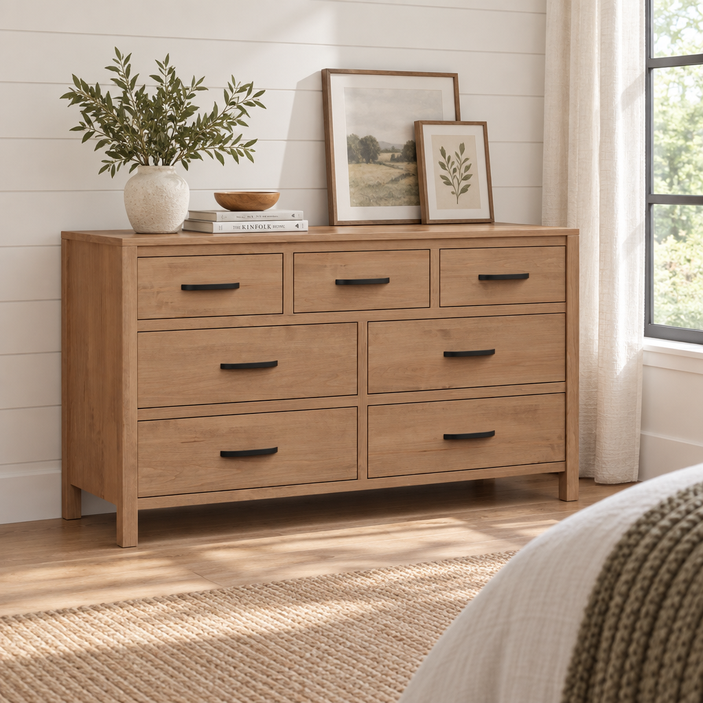 Amish Circleville 7 Drawer Dresser shown in the bedroom of a modern farmhouse home