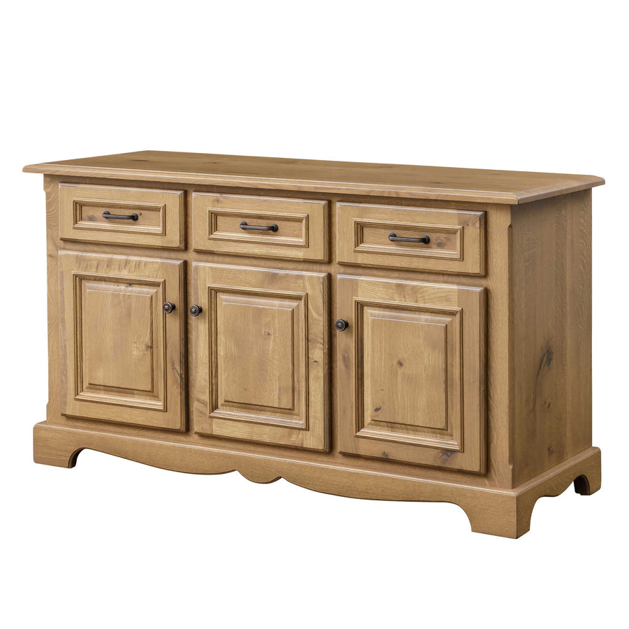 A beige solid wood dining buffet with three doors and metal handles.