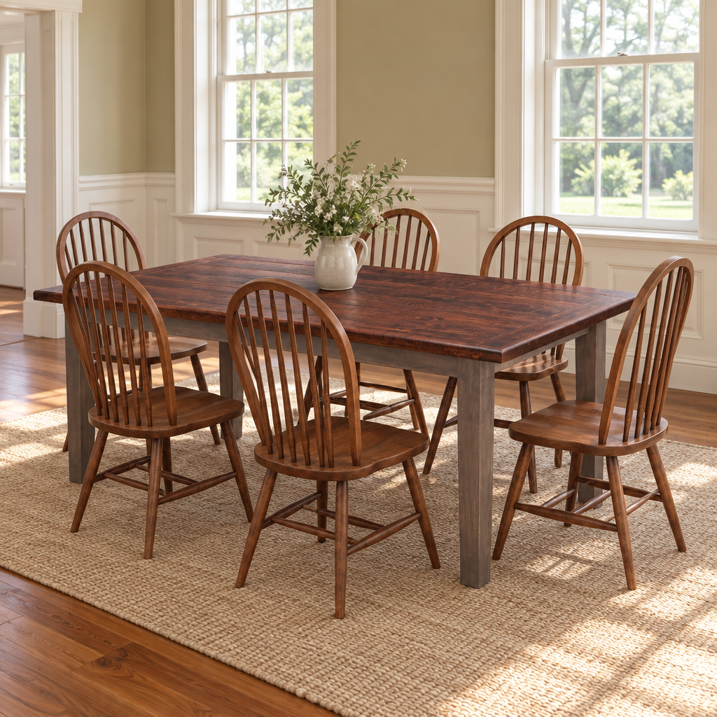 Amish Yorkana Thick Plank Top Dining Farm Table shown in the dining room of a traditional colonial home