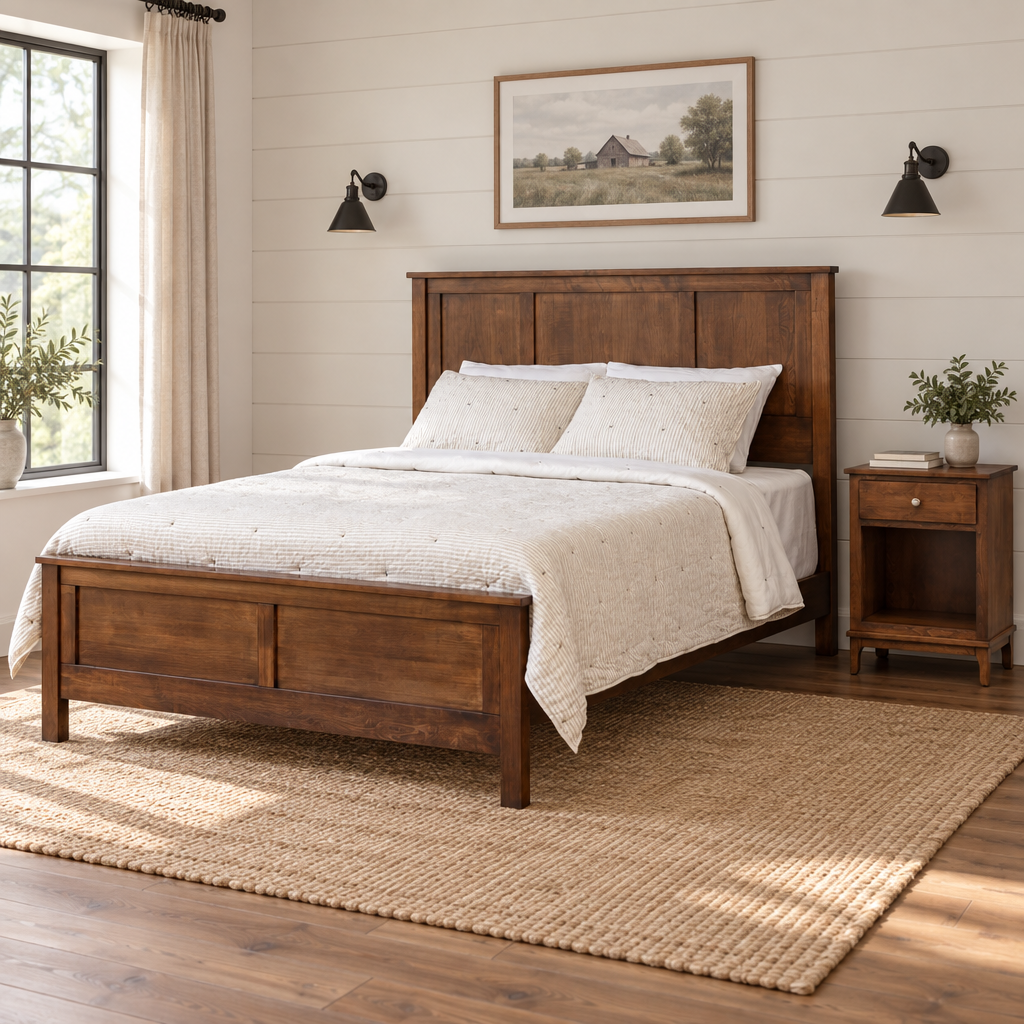Amish Wynmoor Panel Bed with Foot Drawers shown in the bedroom of a modern farmhouse home
