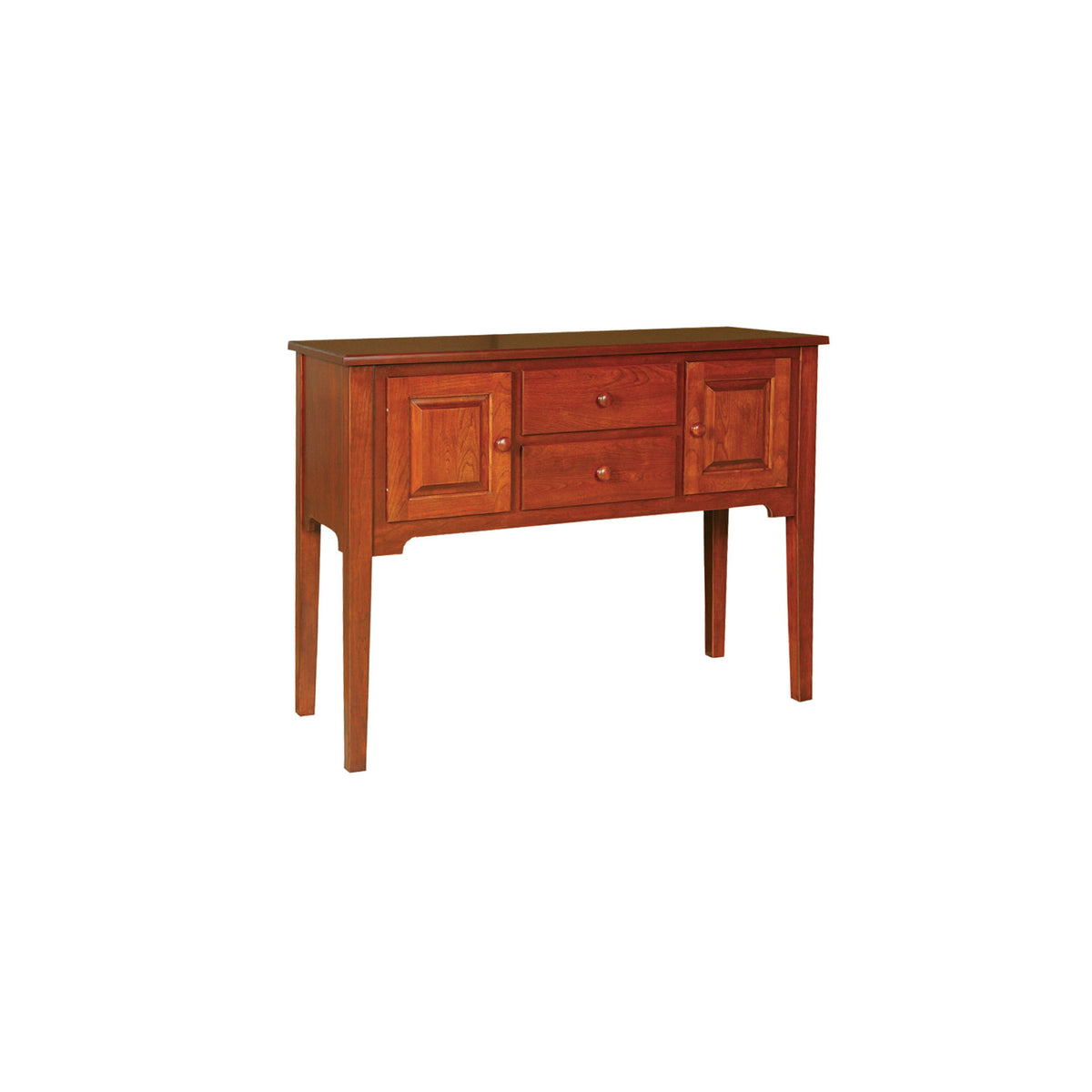 Amish Shaker Solid Wood 2 Door 2 Drawer Dining Sideboard in a brown finish.
