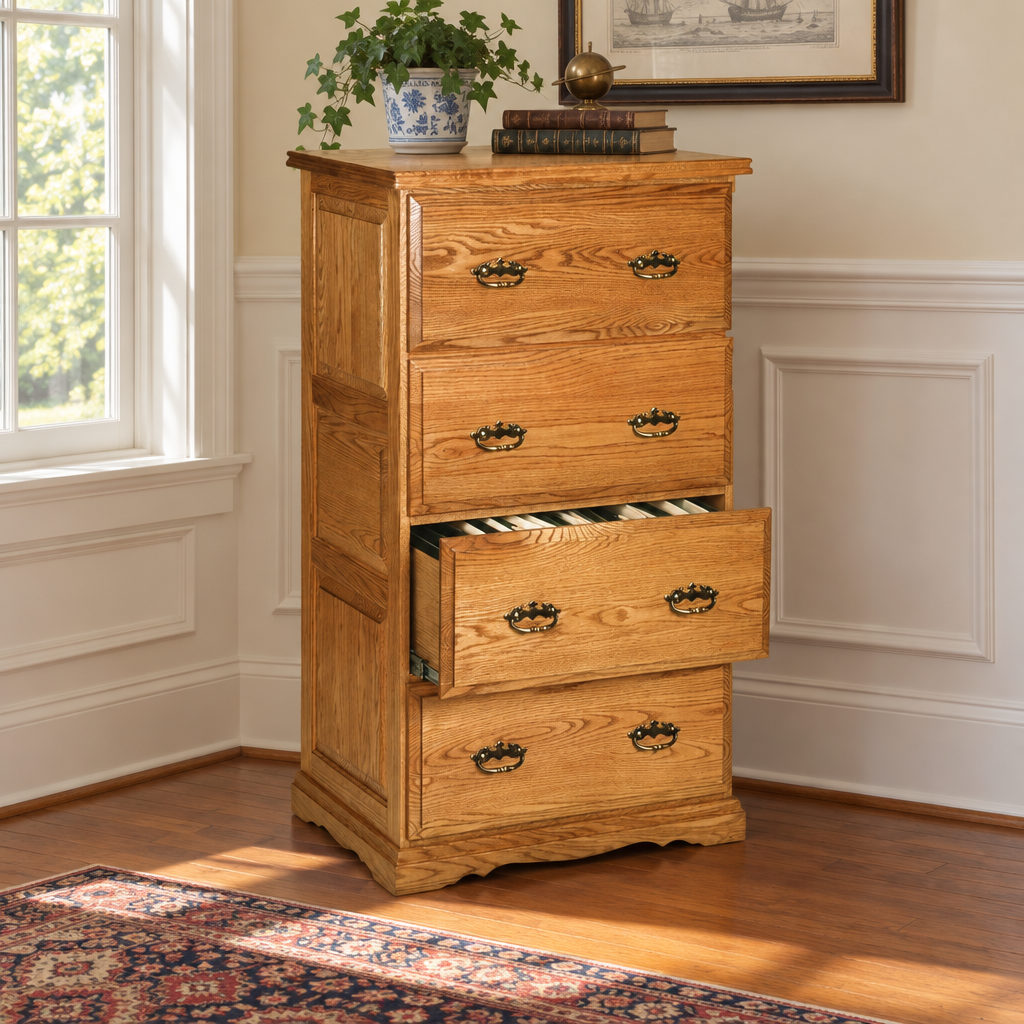 Amish Heritage Lateral 4-Drawer File Cabinet shown in the home office of a traditional colonial home
