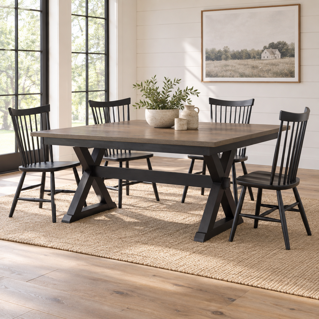 Amish Chatham X Base Expandable Trestle Table (with leaves) shown in the dining room of a modern farmhouse home