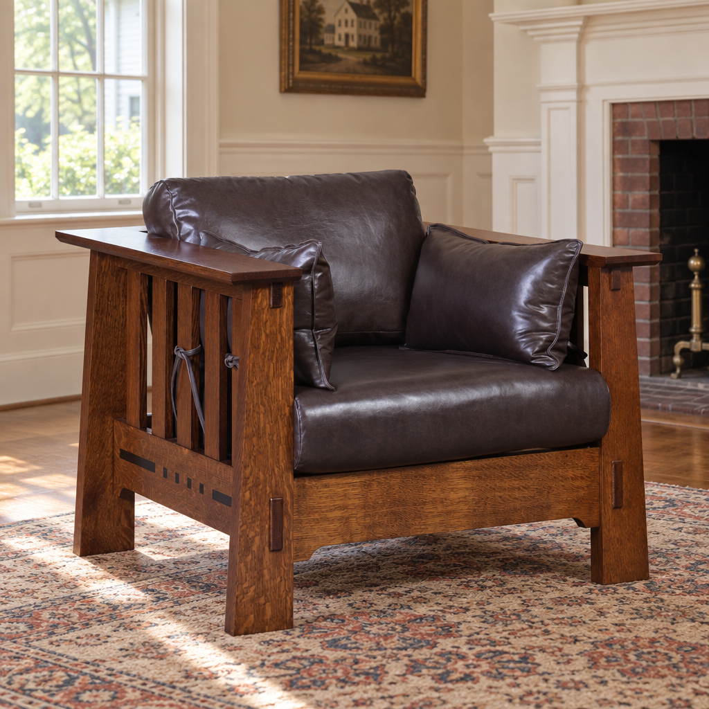 Amish Solid Wood Van Nuys Sofa Chair shown in the living room of a traditional colonial home