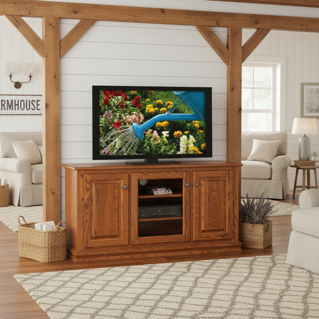 Wooden TV stand with a television displaying a garden scene on a white background