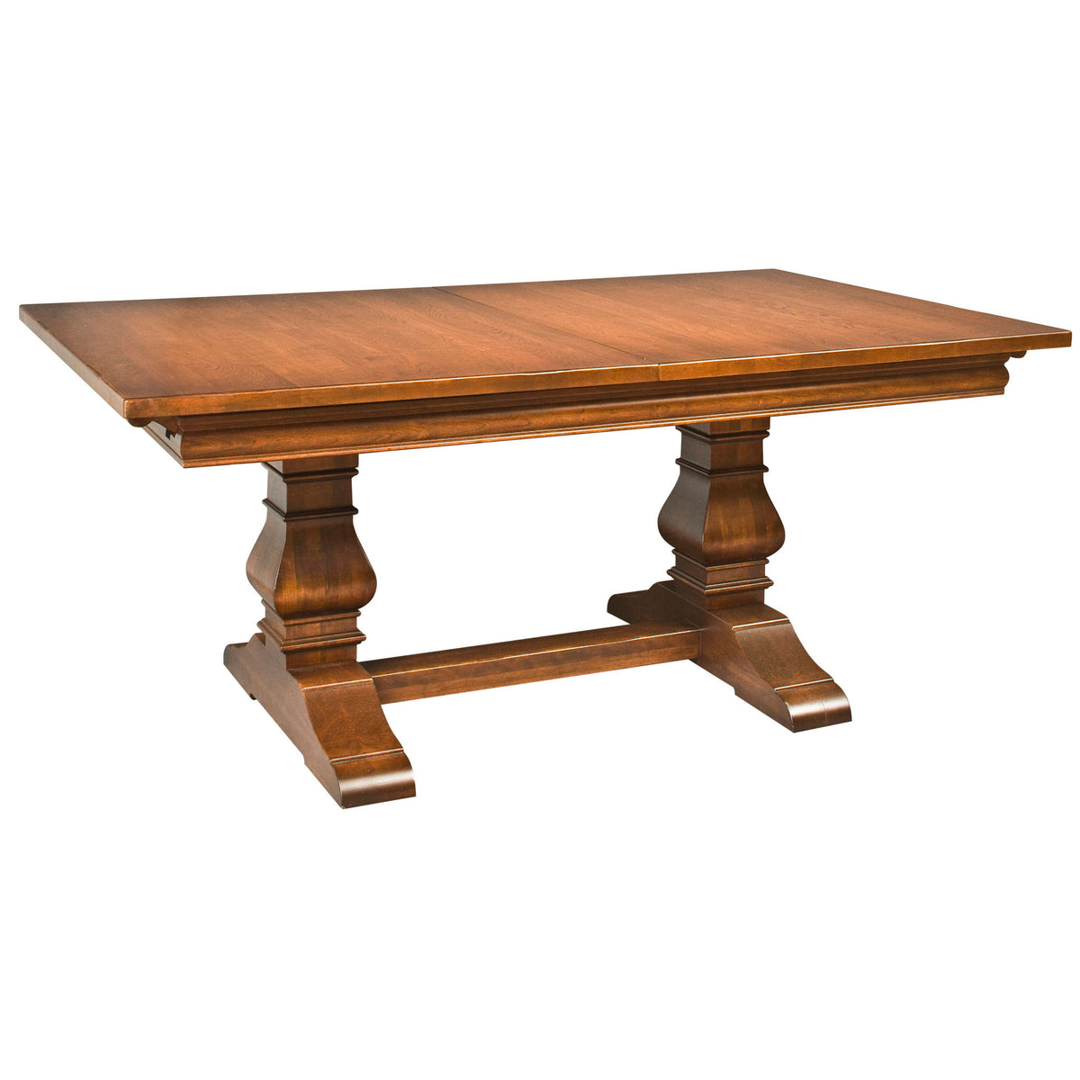 Medium brown expandable trestle dining table with two urn shaped pedestals joined by a shaped stretcher