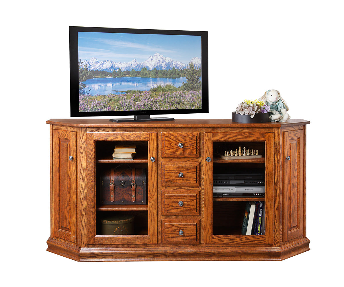 Wooden TV stand with a television displaying a scenic landscape on a white background