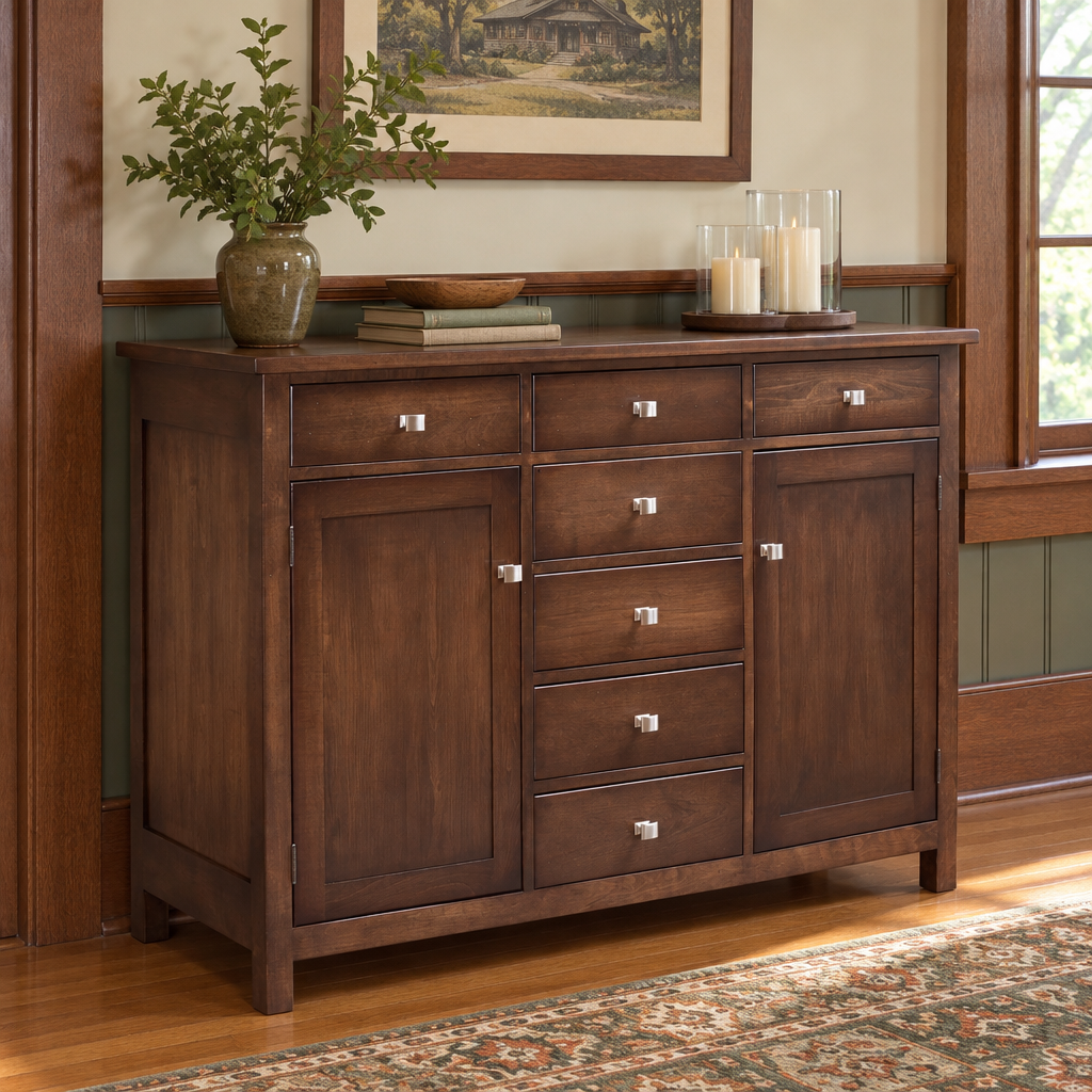 Amish Mystic Coastal Dining Server Buffet shown in the dining room of a craftsman bungalow home