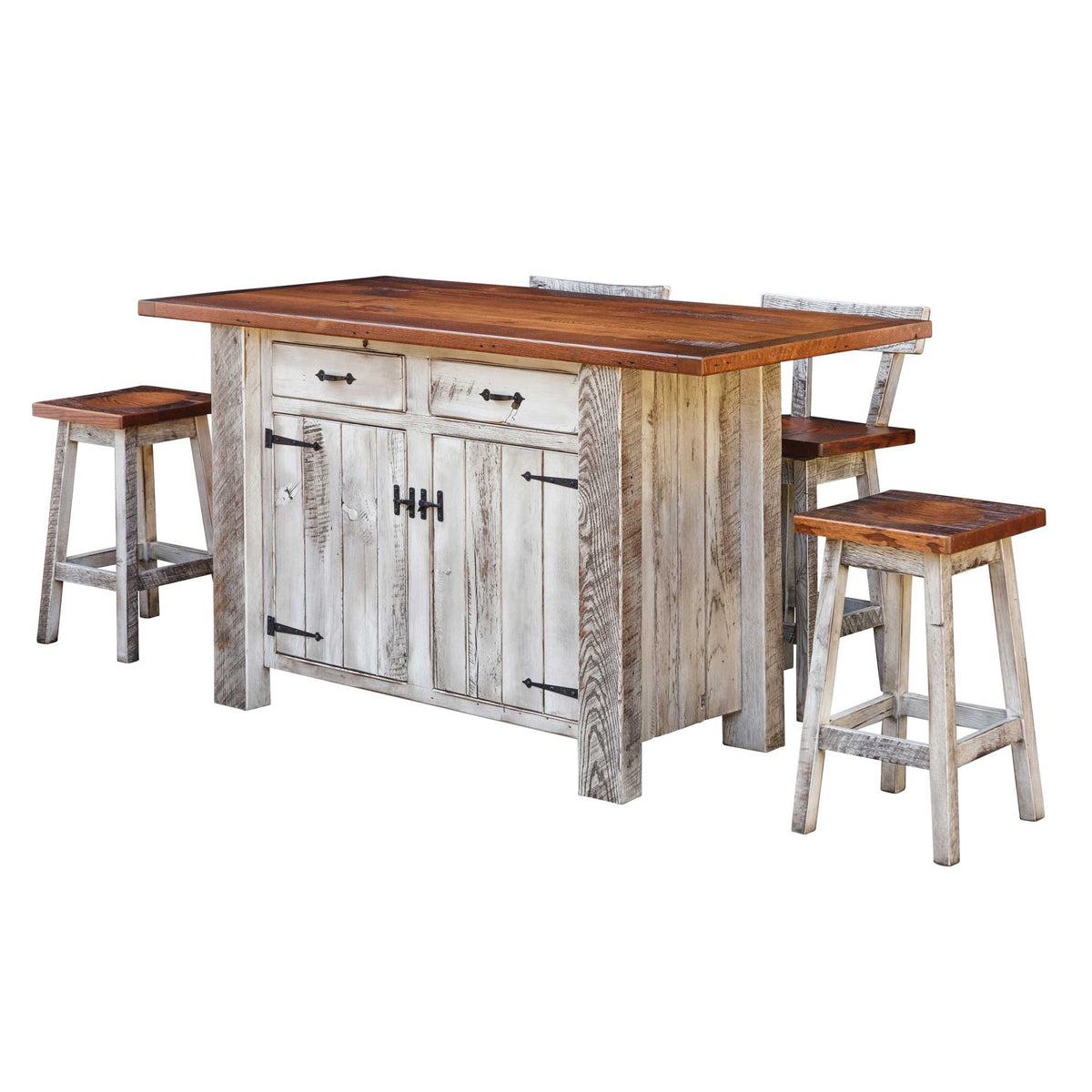 An Amish reclaimed barnwood kitchen island featuring a countertop and three stools. The island has white pewter glaze on the doors and a rustic oak finish.