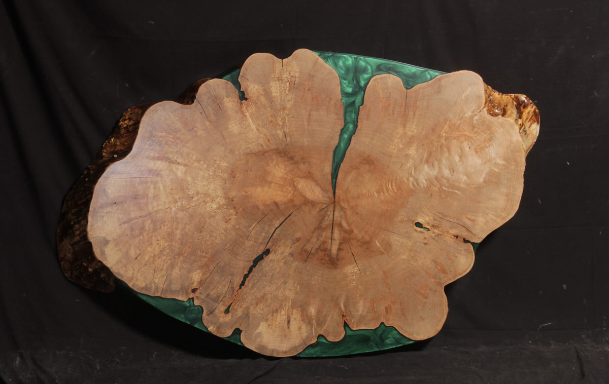 Amish Maple Emerald Epoxy 45" wide x 73" long x 4 ½" thick Round Live Edge Coffee Table Slab