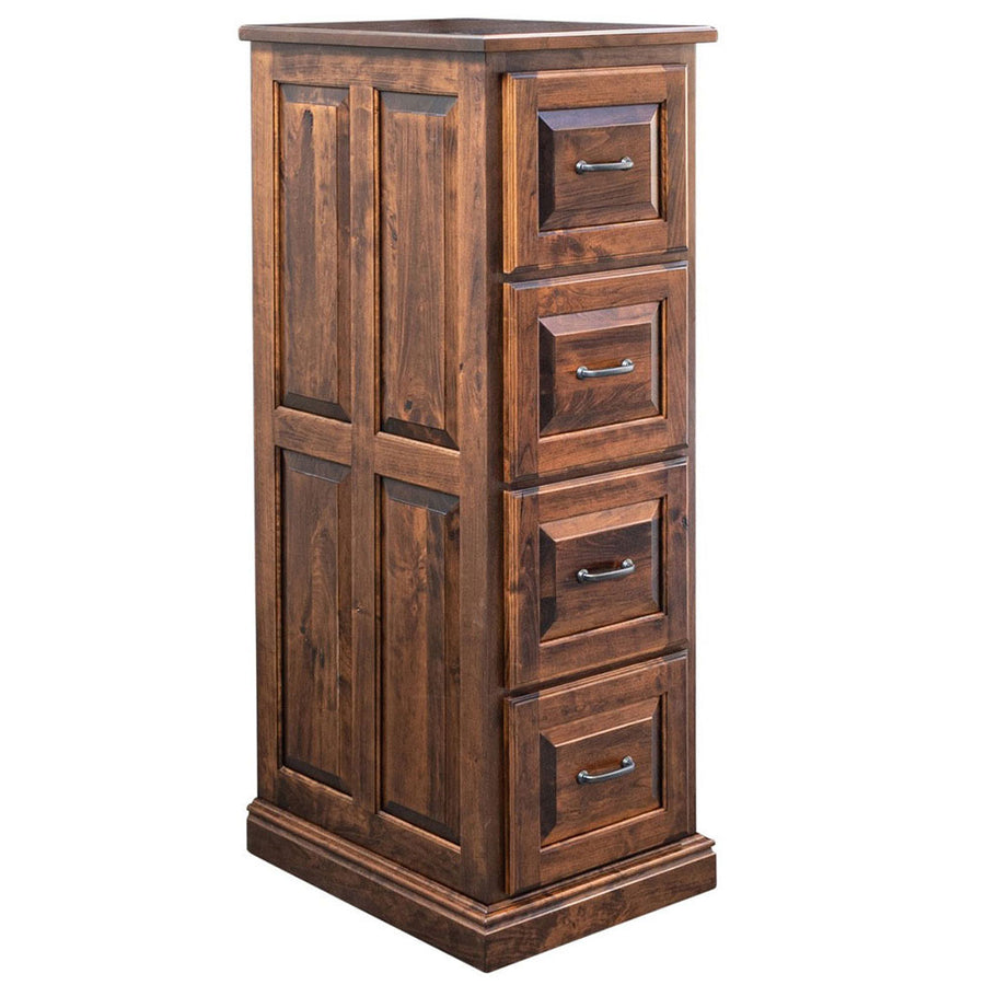 Tall four-drawer file cabinet in dark stained solid wood with raised panel sides and a molded plinth base