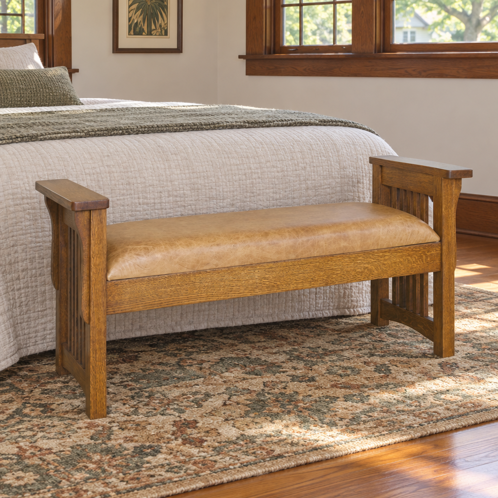 Amish Solid Wood Spanish Mission Dressing Bench shown in the bedroom of a craftsman bungalow home